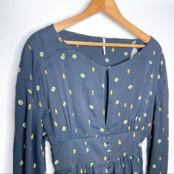 Free People Love Grows Printed Romper Black Long Sleeve Cottage Dress 1 Piece S - Picture 6 of 10